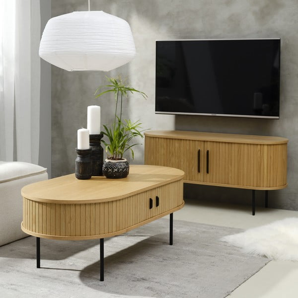 Natūralios spalvos ąžuolo apdailos kavos staliukas 60x120 cm Nola - Unique Furniture-image-1