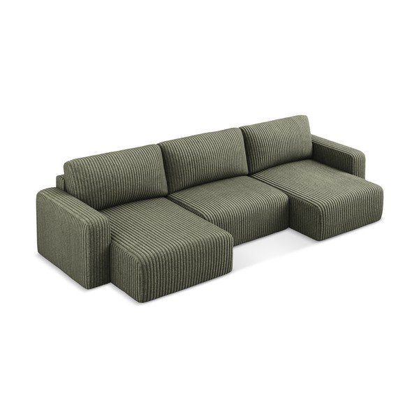 Žalios spalvos sulankstoma/su sandėliavimo vieta kampinė sofa iš kordinio velveto („U“ formos) Kona – Makamii-image-3