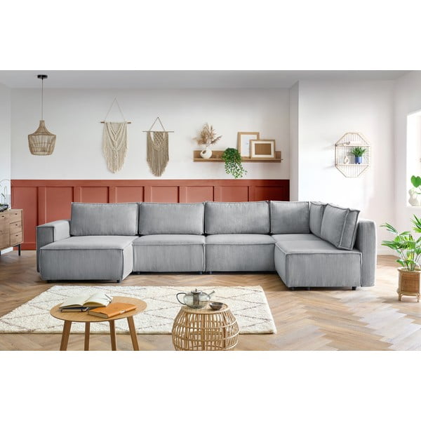 Kampinė sofa šviesiai pilkos spalvos iš kordinio velveto (su dešiniuoju kampu/„U“ formos) Nihad modular – Bobochic Paris-image-1