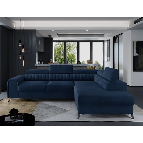 Mėlynos spalvos iš velveto sulankstoma/su sandėliavimo vieta kampinė sofa (su dešiniuoju kampu/„L“ formos) Laurence – ELTAP-image-1