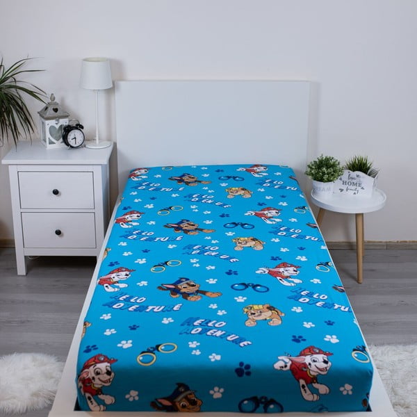 Mėlynos spalvos iš medvilnės viengulė vaikų patalynė su guma 90x200 cm Paw Patrol – Jerry Fabrics-image-1