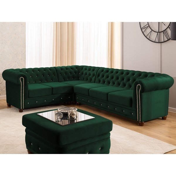 Žalios spalvos sulankstoma kampinė sofa iš velveto (su kairiuoju kampu/„L“ formos) York Blik – Ropez-image-1