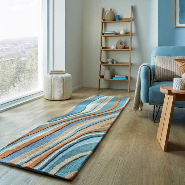 Rankų darbo iš vilnos kilimas mėlynos spalvos 60x230 cm Abstract Flow – Flair Rugs-image-1