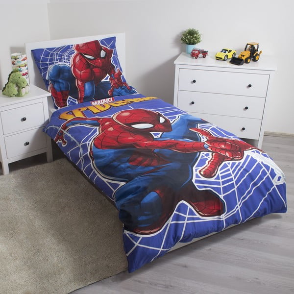 Raudonos spalvos/mėlynos spalvos iš medvilnės viengulė vaikiška patalynė su žėrinčiu efektu 140x200 cm Spider-man – Jerry Fabrics-image-1