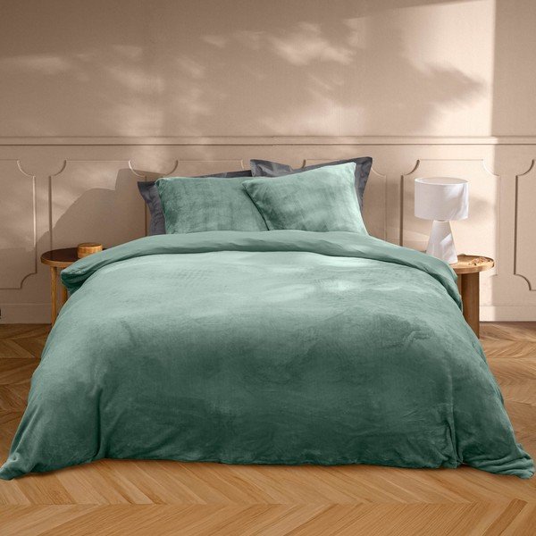 Žalios spalvos iš mikroflanelės dvigulė/itin ilga patalynė 3 dalių 240x220 cm Flanou – douceur d'intérieur-image-1