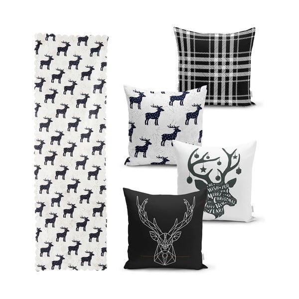 4 kalėdinių pagalvių užvalkalų ir staltiesės rinkinys Minimalist Cushion Covers Reindeer and Stars