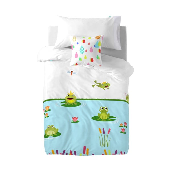 Vaikiška medvilninė antklodė ir pagalvė "Mr. Fox Happy Frogs", 140 x 200 cm
