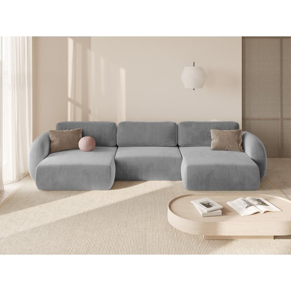 Šviesiai pilkos spalvos iš velveto sulankstoma/su sandėliavimo vieta kampinė sofa („U“ formos) Tonale – Cosmopolitan Design-image-1