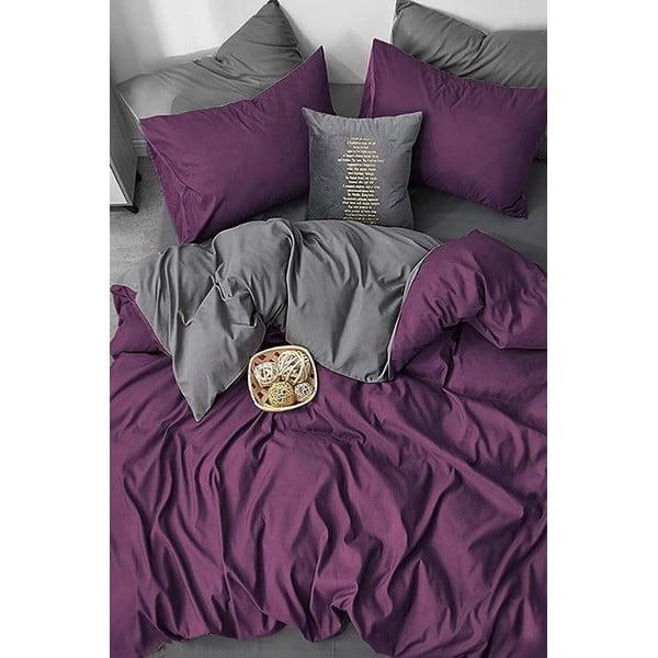 Tamsiai violetinės ir pilkos spalvos medvilninė dvigulė paklodė / prailginta paklodė 200x220 cm - Mila Home