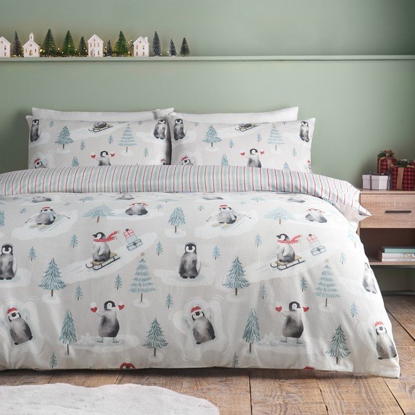 Natūralios spalvos iš flanelės viengulė patalynė 135x200 cm Brushed Christmas Penguins – Catherine Lansfield