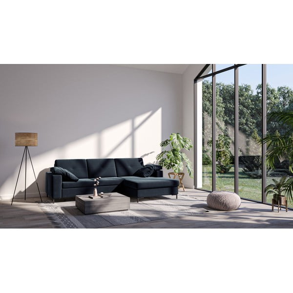 Tamsiai mėlynos spalvos aksominė kampinė sofa-lova Ghado Moor, dešinysis kampas-image-3