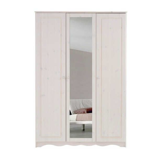 Balta trijų durų spinta su veidrodžiu iš pušies masyvo "Støraa Amanda