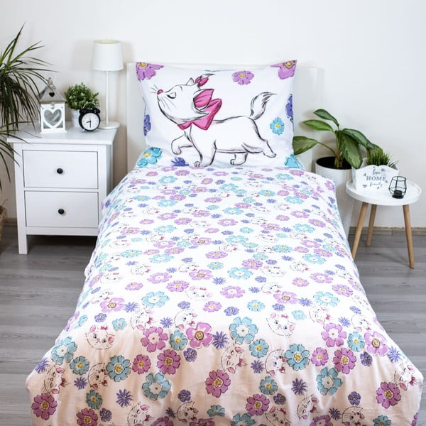 Baltos spalvos iš medvilnės viengulė vaikiška patalynė 140x200 cm Marie Cat "Floral" – Jerry Fabrics-image-2