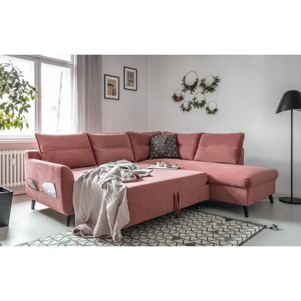 Rožinė velvetinė kampinė sofa-lova Miuform Stylish Stan, dešinysis kampas-image-4