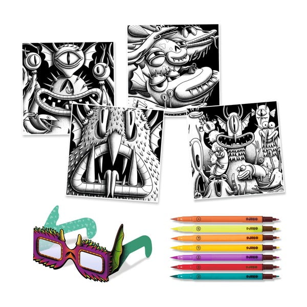 Dailės rinkinys su 7 kaligrafijos žymekliais ir 3D akiniais Djeco Monsters