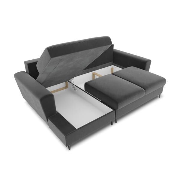 Šviesiai pilkos spalvos iš velveto sulankstoma/su sandėliavimo vieta kampinė sofa (su kairiuoju kampu/su gultu) Kyoto – Cosmopolitan Design-image-3
