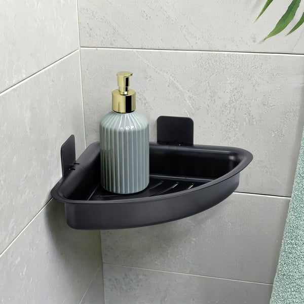 Su montavimu be gręžimo juodos spalvos iš plastiko vonios lentyna Parma – Allstar-image-1