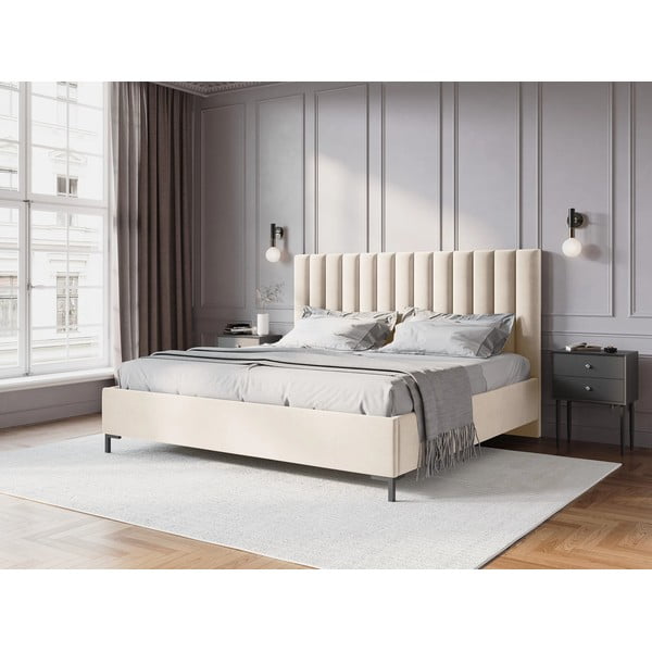 Dvigulė lova smėlio spalvos audiniu dengta su sandėliavimo vieta su lovos grotelėmis 180x200 cm Casey – Mazzini Beds-image-1