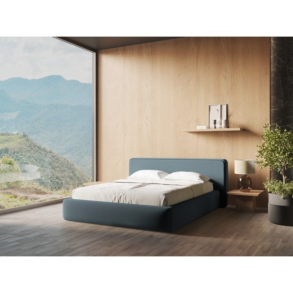 Mėlynos spalvos dvigulė lova audiniu dengta su sandėliavimo vieta su lovos grotelėmis 140x200 cm Kiana – Makamii-image-1