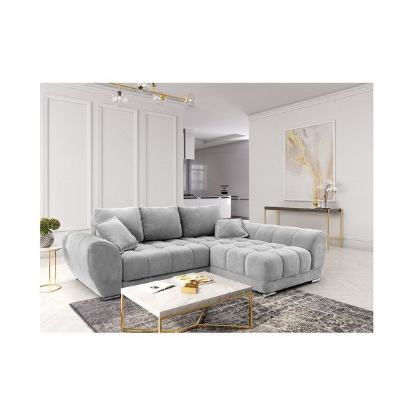 Šviesiai pilka kampinė sofa-lova su aksomo apmušalais Windsor & Co Sofas Nuage, dešinysis kampas-image-1