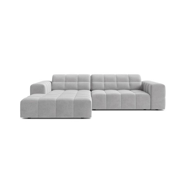 Šviesiai pilkos spalvos kampinė sofa iš velveto (su kairiuoju kampu/su gultu) Chicago – Cosmopolitan Design