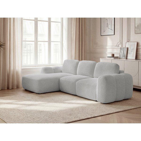 Šviesiai pilkos spalvos sulankstoma/su sandėliavimo vieta kampinė sofa iš boucle (su kairiuoju kampu/su gultu) Montaigne – Bobochic Paris-image-1
