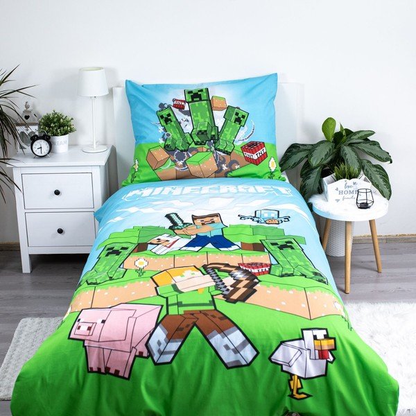 Žalios spalvos/mėlynos spalvos iš medvilnės viengulė vaikiška patalynė 140x200 cm Minecraft "Outdoor Mobs" – Jerry Fabrics-image-1