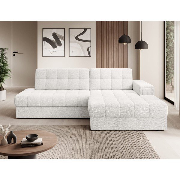 Kreminės spalvos iš boucle sulankstoma kampinė sofa (su dešiniuoju kampu/su gultu) Blezalt – ELTAP-image-1