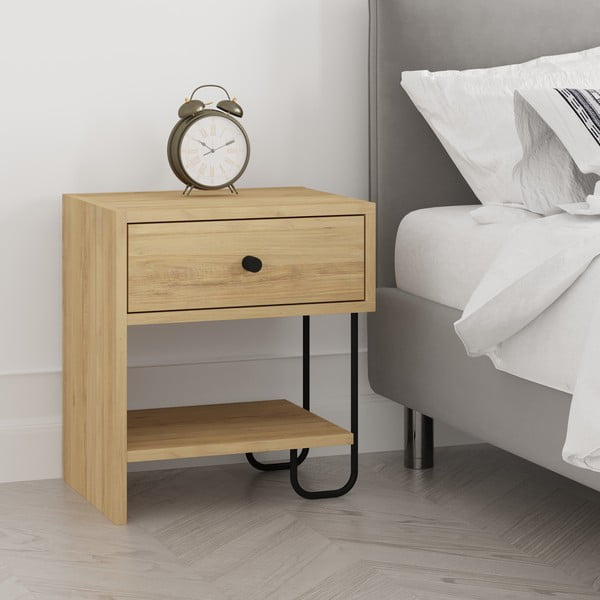 Naktinis staliukas natūralios spalvos iš ąžuolo su lentynomis Saturne – Marckeric-image-2