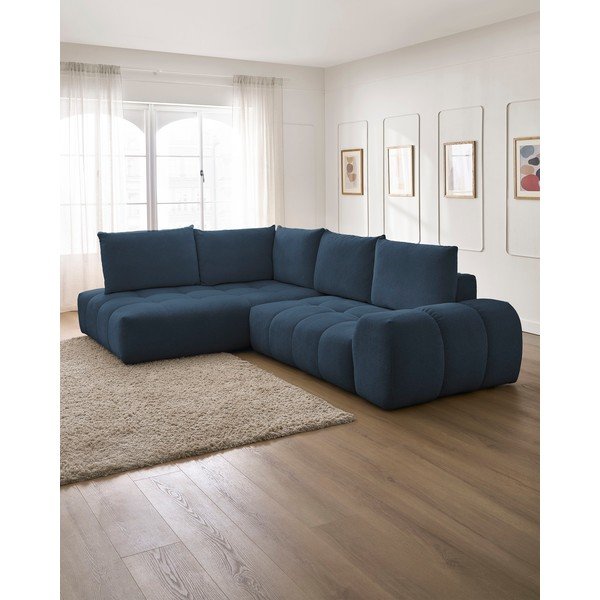 Tamsiai mėlynos spalvos iš šenilinio audinio sulankstoma/su sandėliavimo vieta kampinė sofa (su kairiuoju kampu/„L“ formos) Everest – Bobochic Paris-image-1