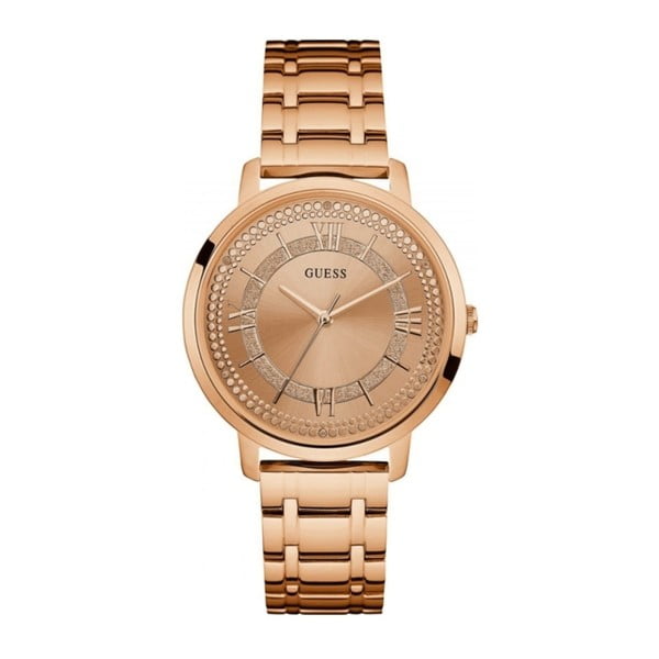 Rožinio aukso moteriškas laikrodis su nerūdijančio plieno dirželiu Guess W0933L3