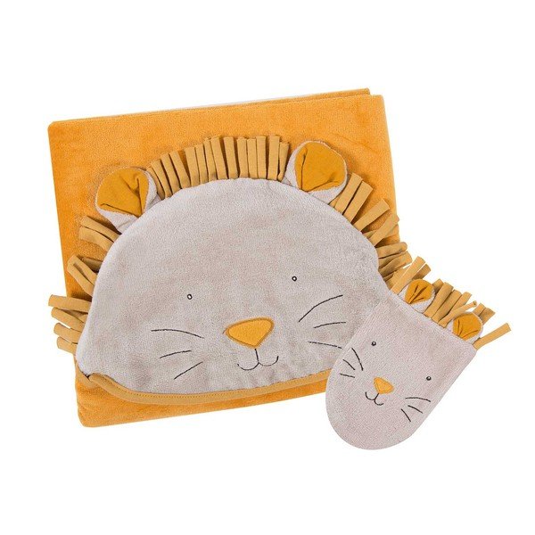 Geltonas medvilninis kūdikių rankšluosčių komplektas su gobtuvu ir skalbikliu 80x114 cm Sous mon Baobab - Moulin Roty-image-1