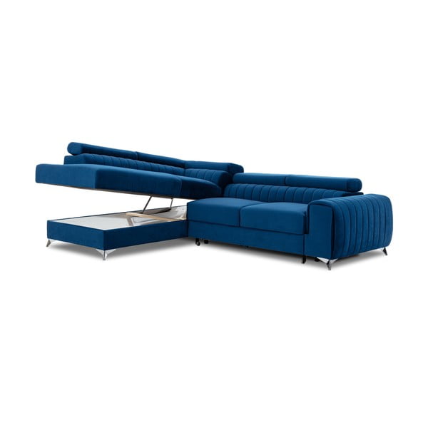 Mėlynos spalvos iš velveto sulankstoma/su sandėliavimo vieta kampinė sofa (su kairiuoju kampu/„L“ formos) Laurence – ELTAP-image-3