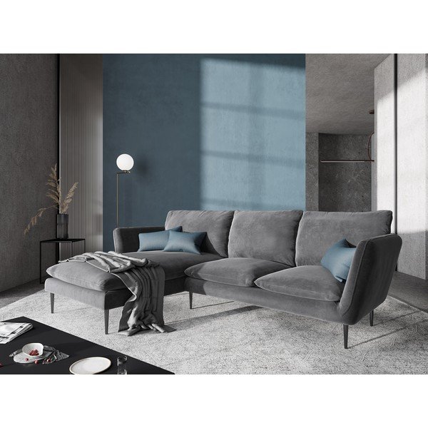 Šviesiai pilka aksominė kampinė sofa Mazzini Sofas Acacia, kairysis kampas-image-1