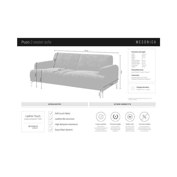 Pilka dirbtinės odos sofa MESONICA Puzo, 170 cm-image-4