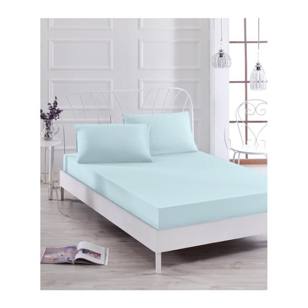 Šviesiai mėlynos spalvos elastingos paklodės ir užvalkalo viengulėlei lovai rinkinys Basso Azul, 100 x 200 cm