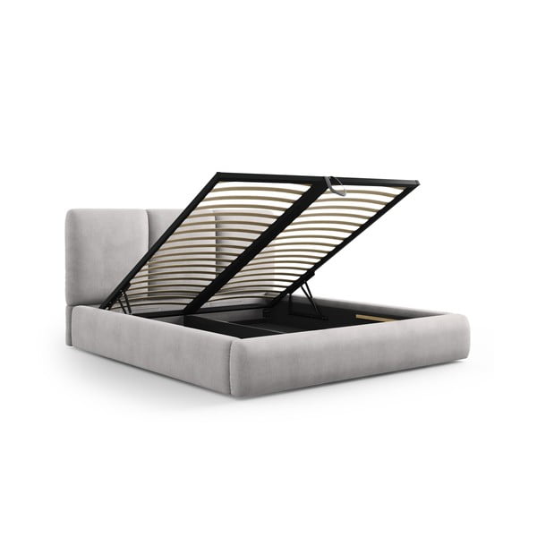 Dvigulė lova šviesiai pilkos spalvos audiniu dengta su sandėliavimo vieta su lovos grotelėmis 160x200 cm Brody – Mazzini Beds-image-2