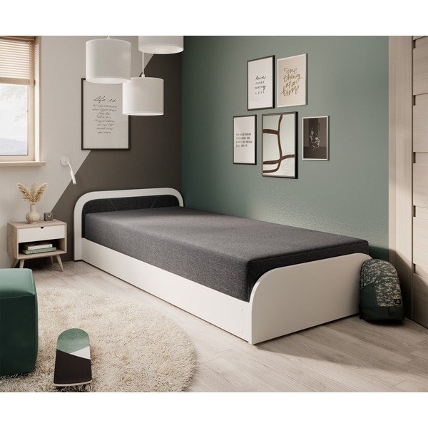 Baltos spalvos/tamsiai pilkos spalvos viengulė lova dengta audiniu/iš medžio drožlių plokštės su sandėliavimo vieta su čiužiniu  80x190 cm Parys – ELTAP-image-2