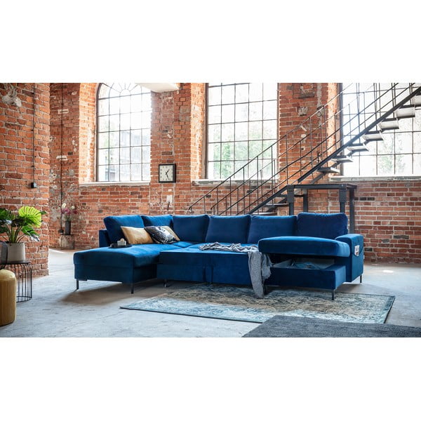 Mėlyna aksominė U formos sofa Miuform Lofty Lilly, kairysis kampas-image-3