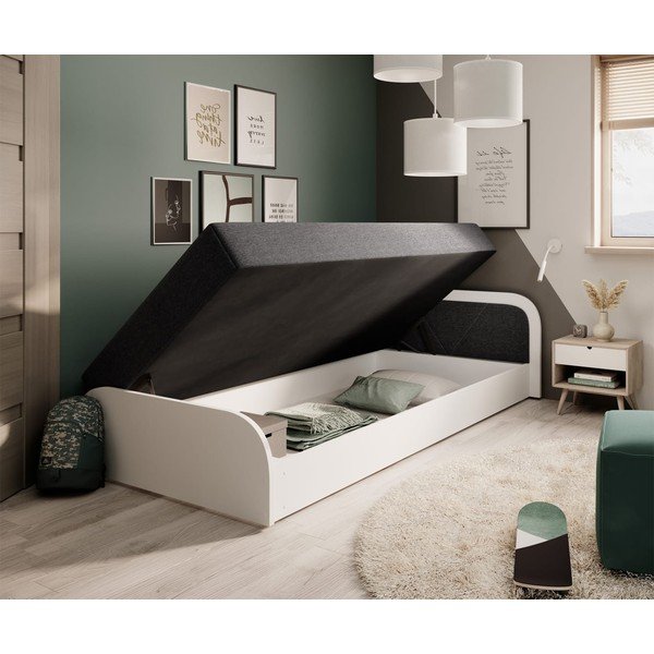 Baltos spalvos/tamsiai pilkos spalvos viengulė lova dengta audiniu/iš medžio drožlių plokštės su sandėliavimo vieta su čiužiniu  80x190 cm Parys – ELTAP-image-2