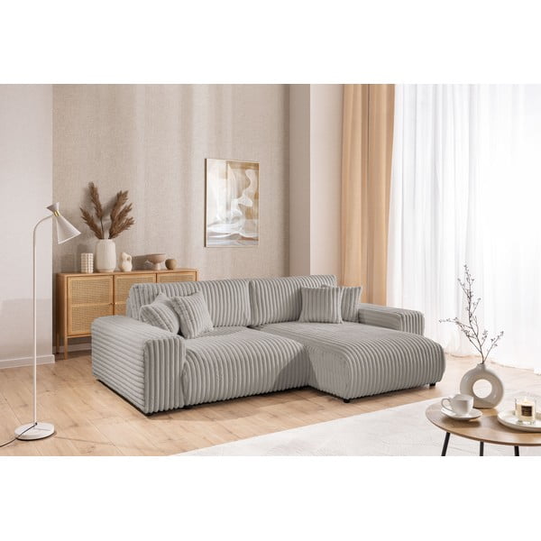 Šviesiai pilkos spalvos iš kordinio velveto sulankstoma/su sandėliavimo vieta kampinė sofa (su dešiniuoju kampu) Sarina – Ropez-image-4