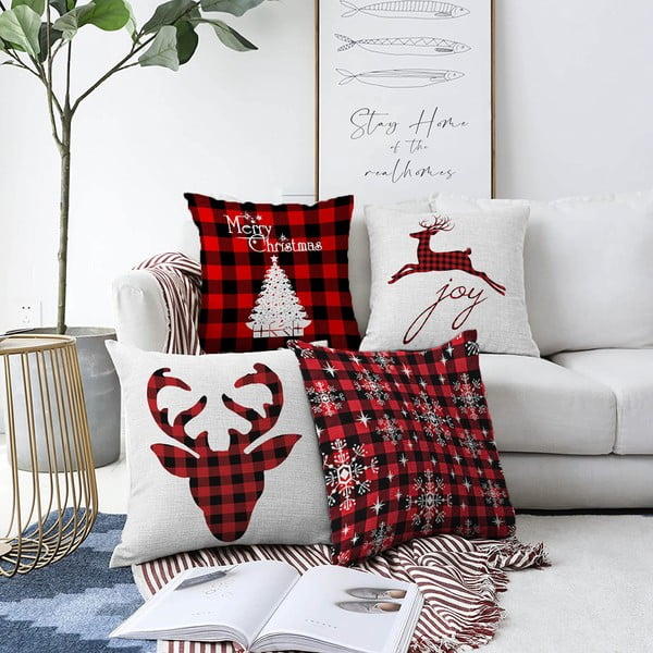 4 kalėdinių šenilinių pagalvėlių užvalkalų rinkinys Minimalist Cushion Covers Xmas Tartan, 55 x 55 cm