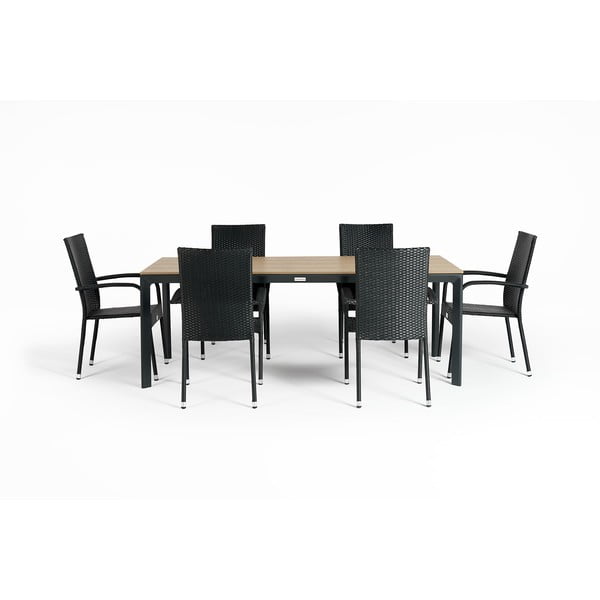 Sodo valgomojo komplektas 6 asmenims su juodomis kėdėmis Paris ir stalu Thor, 210 x 90 cm