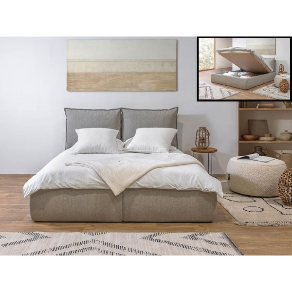 Dvigulė lova smėlio spalvos audiniu dengta su sandėliavimo vieta su lovos grotelėmis 160x200 cm Garance – Bobochic Paris-image-1