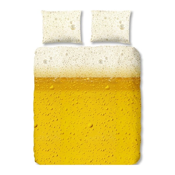 Geltonos spalvos medvilninė dvigulė patalynė "Good Morning Beer", 200 x 200 cm