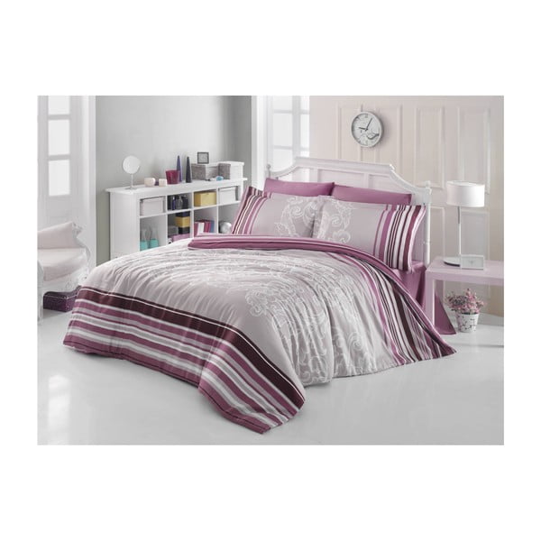 Violetinė medvilninė patalynė su paklode dvivietei lovai "Eve", 140 x 200 cm