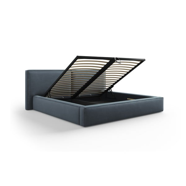 Dvigulė lova tamsiai mėlynos spalvos audiniu dengta su sandėliavimo vieta su lovos grotelėmis 200x200 cm Arendal – Cosmopolitan Design-image-3