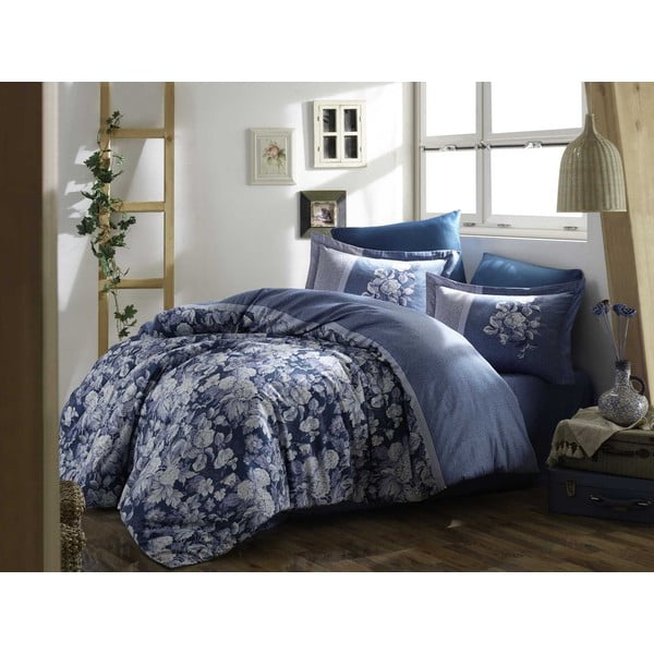 Mėlynos spalvos pailginta medvilninė patalynė dvigulei lovai su paklode ir užvalkalu 240x260 cm Amalia – Mijolnir