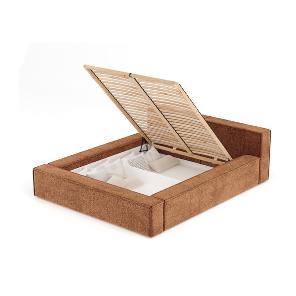 Oranžinės spalvos dvigulė lova audiniu dengta su sandėliavimo vieta su lovos grotelėmis 160x200 cm Voliera – Maison de Rêve-image-2