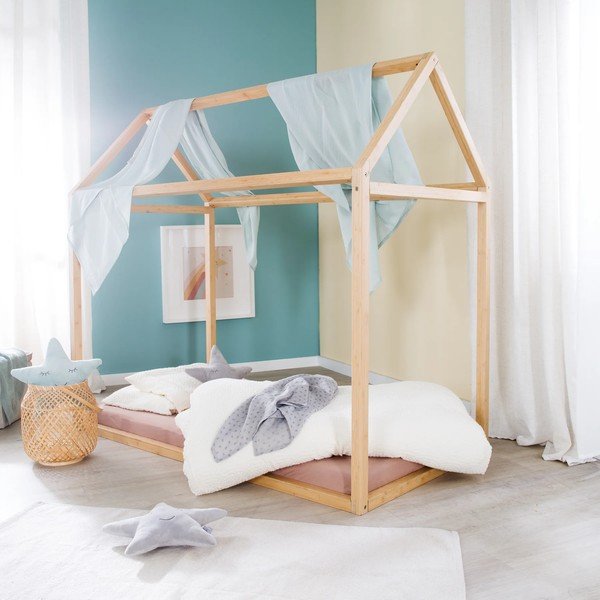 Natūralios spalvos naminė iš bambuko vaikiška lova su čiužiniu /be grotelių 70x140 cm House Bed – Roba-image-3